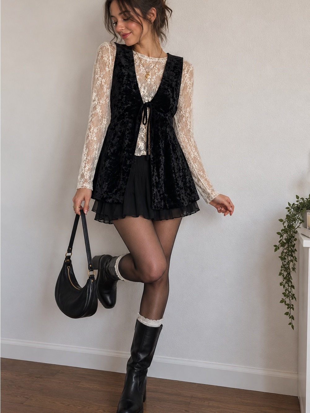 Black Velvet Tie-Front Vest with Sheer Lace Sleeves